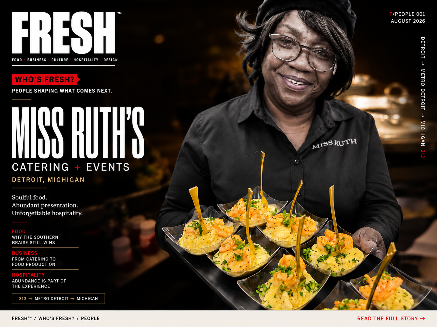 FRESH cover portrait of Miss Ruth in chef hat and black uniform holding a tray of individually plated shrimp and grits