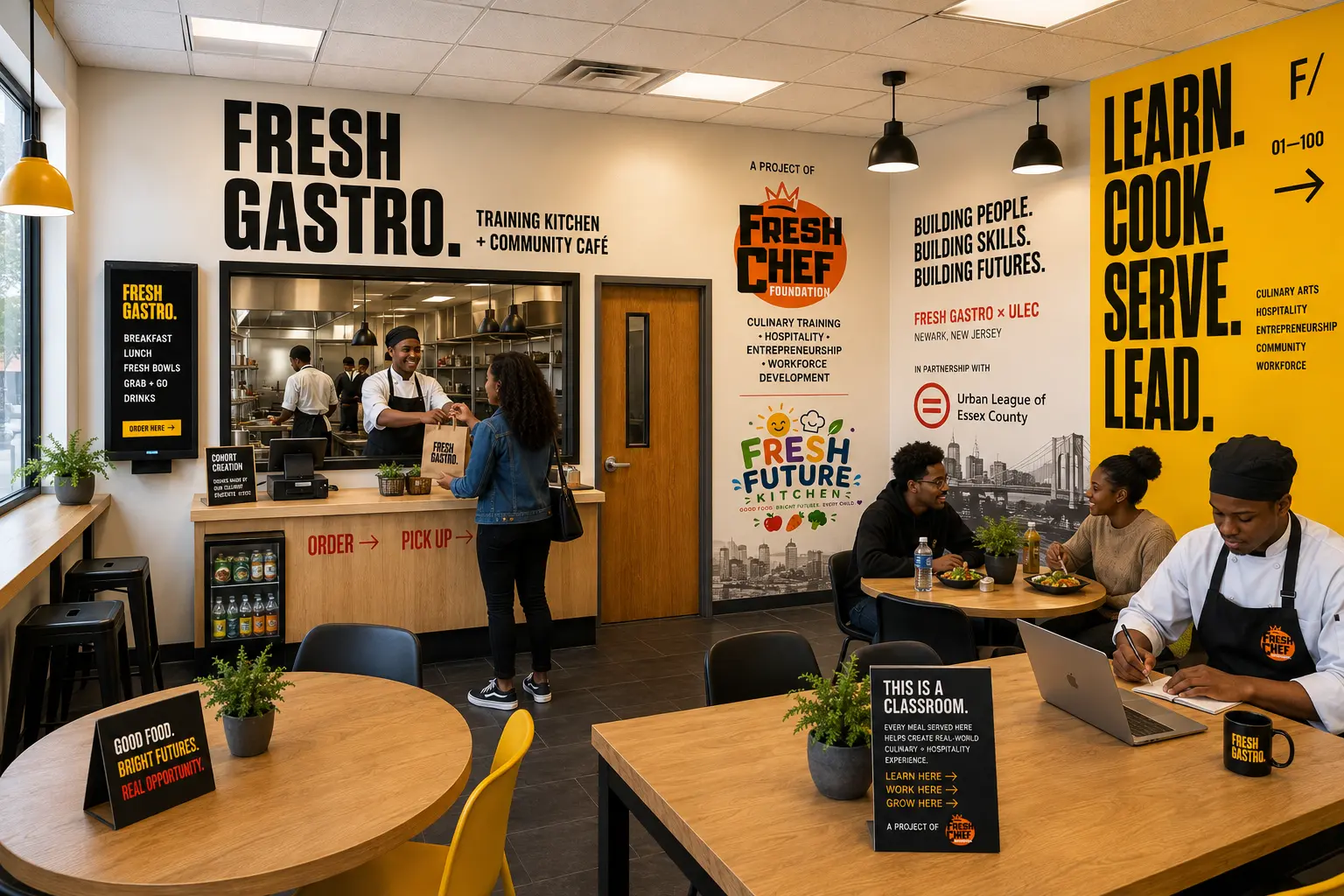 FRESH GASTRO training kitchen and community café interior with LEARN. COOK. SERVE. LEAD. wall graphics