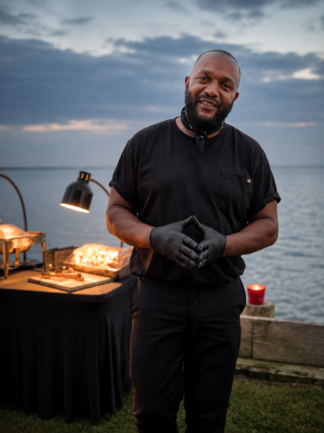 Fahkir in black chef whites and gloves standing beside a lamp-lit seafood setup at the water's edge at dusk