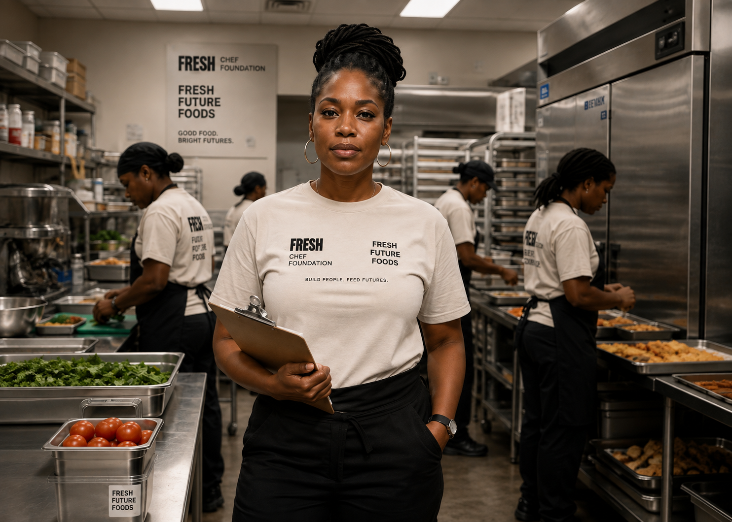 FRESH production site supervisor holding a clipboard in a FRESH Chef Foundation and FRESH Future Foods branded kitchen with her team working behind her
