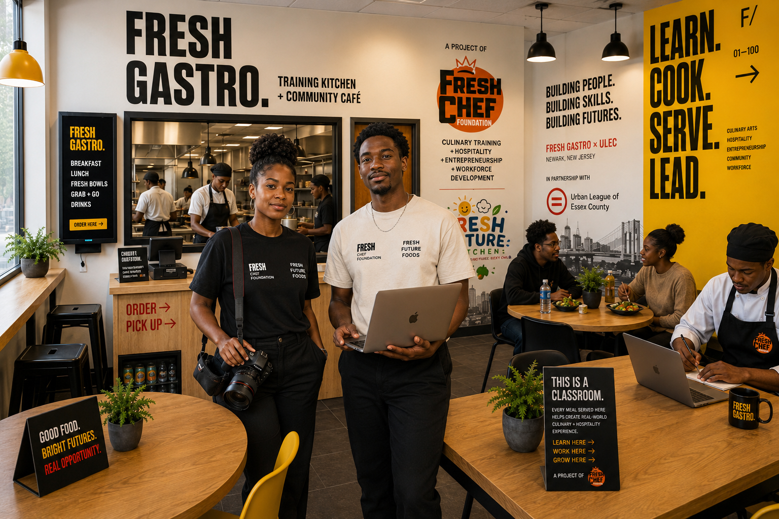 Two young FRESH fellows inside the FRESH GASTRO training kitchen and community café — one holding a professional camera, one holding a laptop