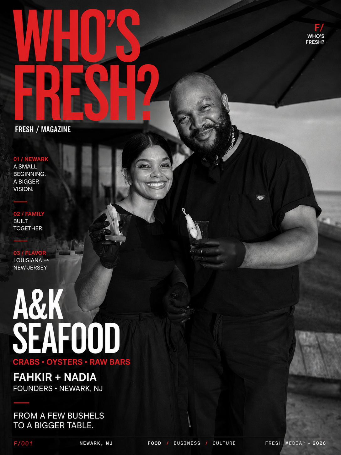 FRESH cover portrait of Fahkir and Nadia, founders of A&K Seafood, holding oysters under a patio umbrella in Newark, New Jersey