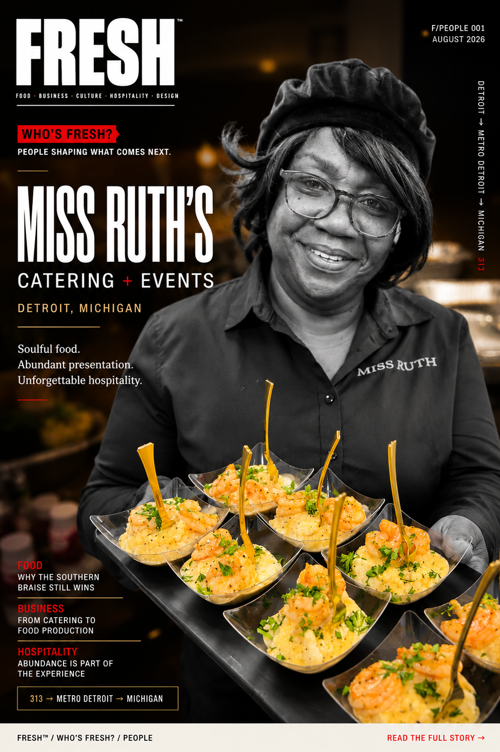 FRESH cover portrait of Miss Ruth in chef hat and black uniform holding a tray of individually plated shrimp and grits