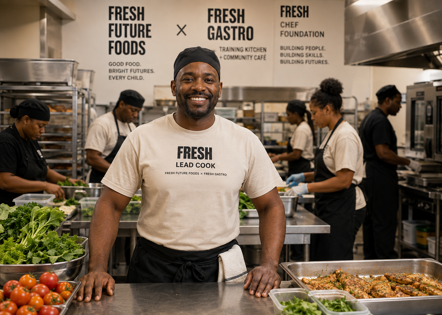 FRESH lead production cook smiling behind a stainless prep table in the FRESH Future Foods x FRESH GASTRO production kitchen with his team working behind him