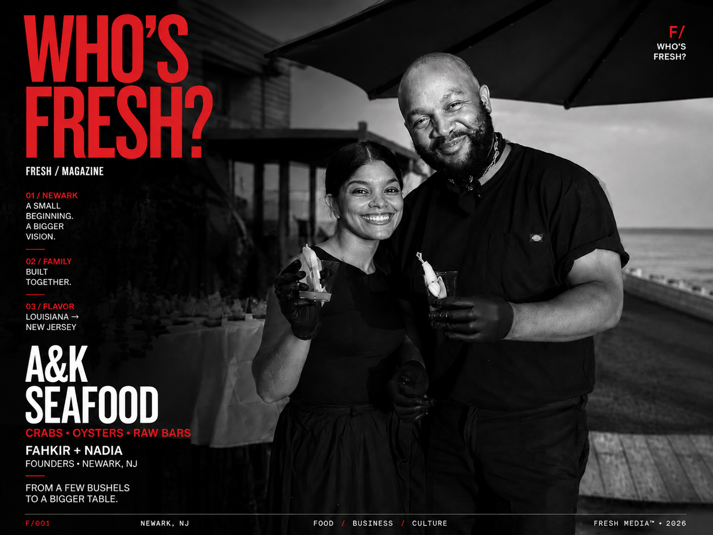 FRESH cover portrait of Fahkir and Nadia, founders of A&K Seafood, holding oysters under a patio umbrella in Newark, New Jersey