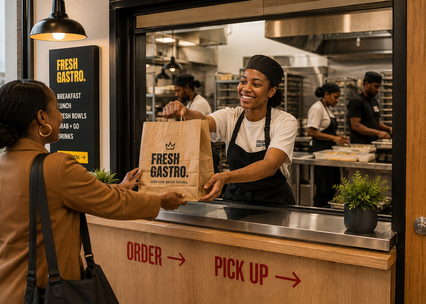 A FRESH GASTRO team member handing a branded kraft bag through the service window.