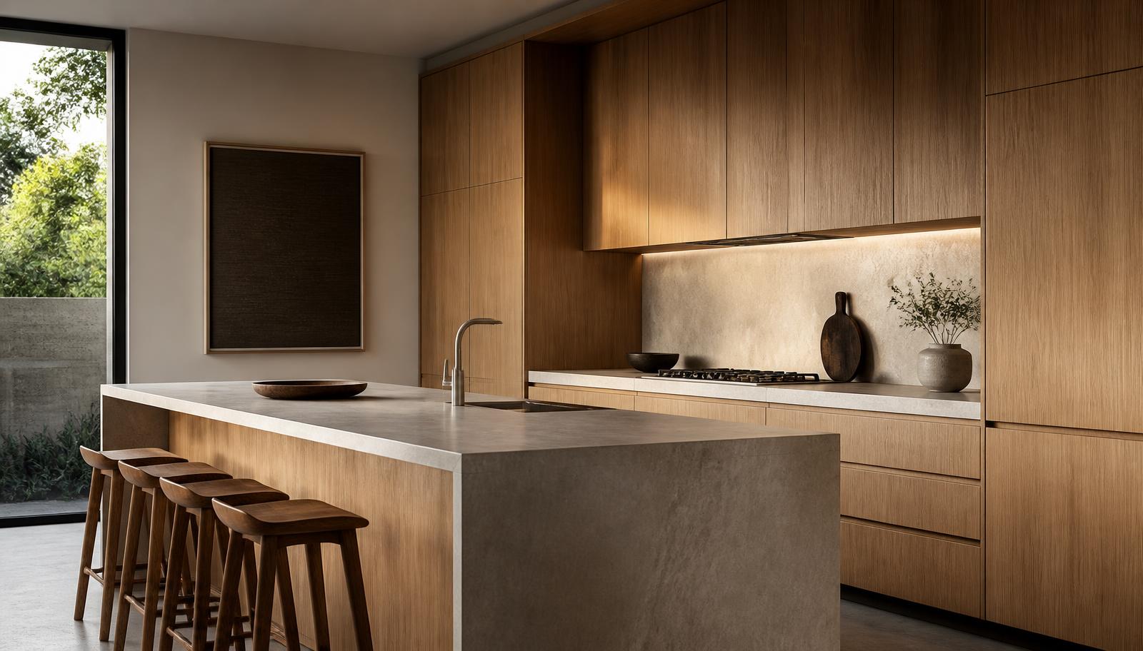 Minimalist oak and stone kitchen island lit by natural window light