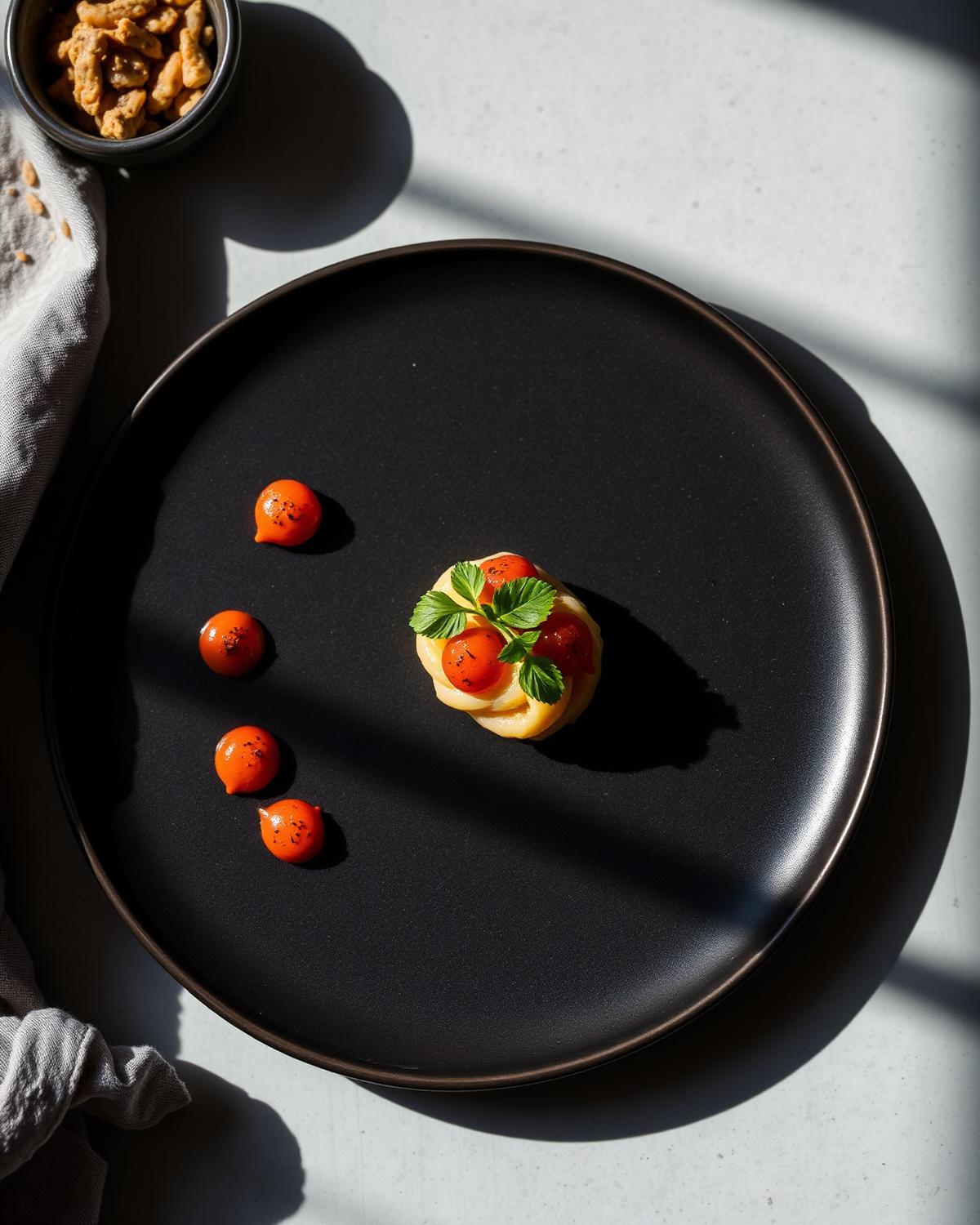 Overhead shot of a minimal plated dish on dark ceramic in hard side light