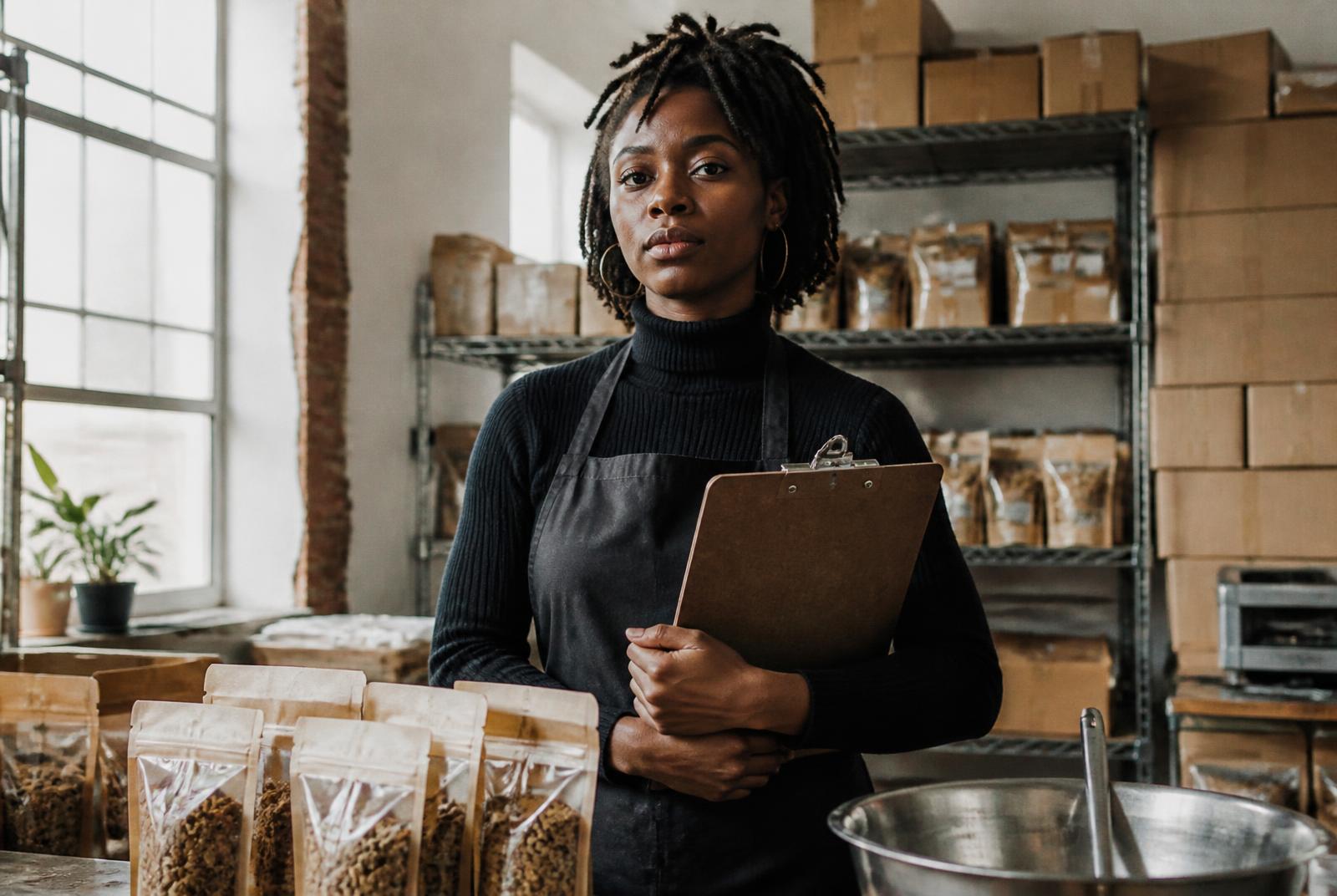 A food entrepreneur standing in her small-batch production space with packaged product